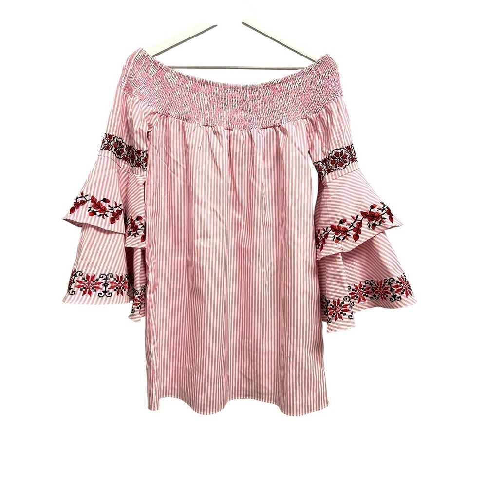 Vava by Joy Han Off Shoudler Dress XS Pink Striped Embroidered Bell Sleeve Boho